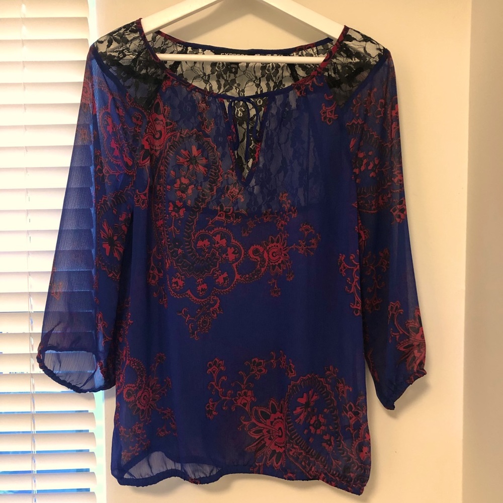 Express- 3/4 slv sheer Blue & Red blouse with lace